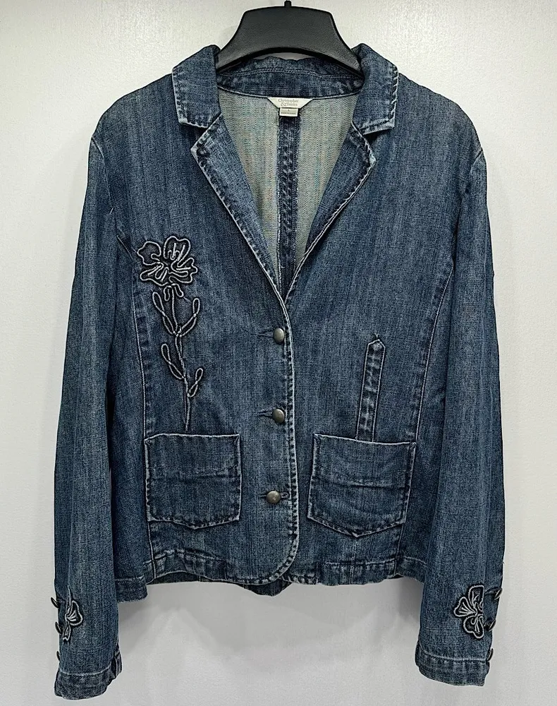 Denim Embroidered Flower Button Front Jean Jacket Blazer by Christopher & Banks - Image 1