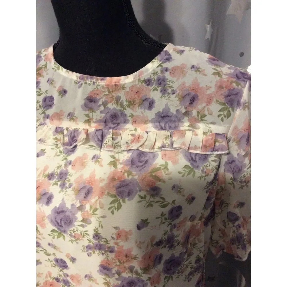 Allegra K Ruffled Floral Gathered Sleeves Romantic Top Large L Women's - Image 5