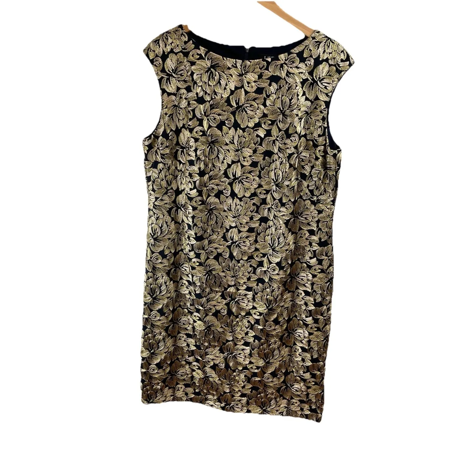 Lauren Ralph Lauren Women's Navy Gold Floral Embroidered Cap Sleeve Dress  14 - Image 8