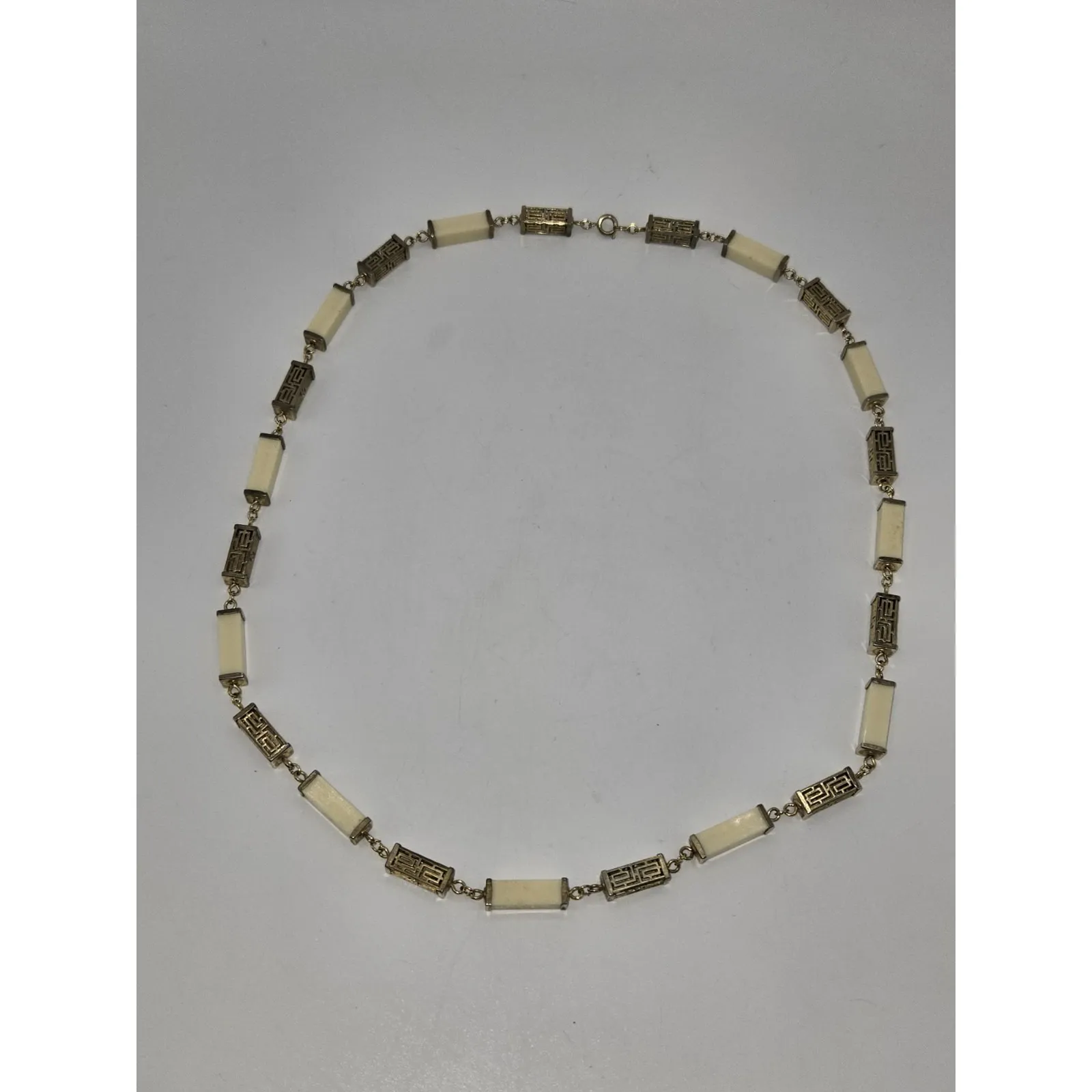 Vintage Gold Tone Faux Ivory Panel Greek Key Link Necklace 13" - Image 2