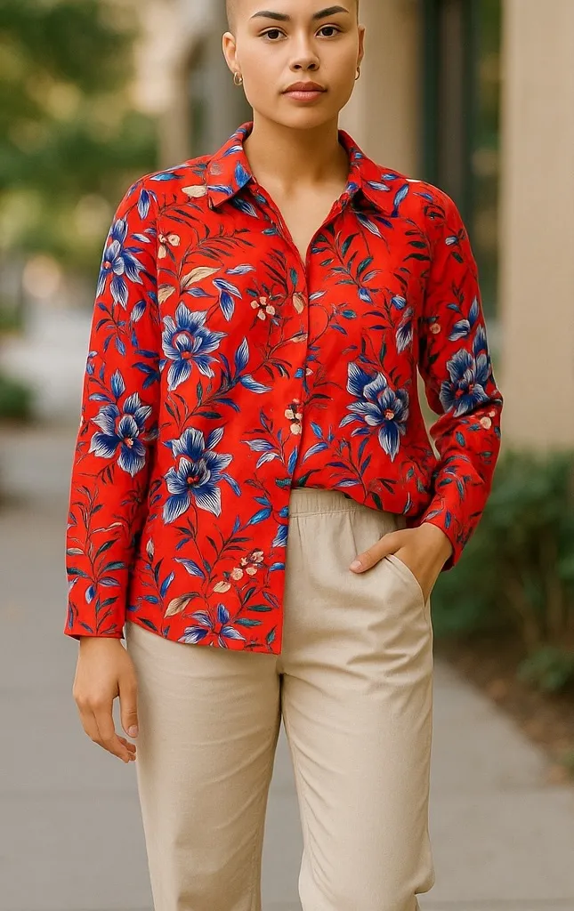 LOFT Red and Blue Floral Button Down Shirt - Image 3