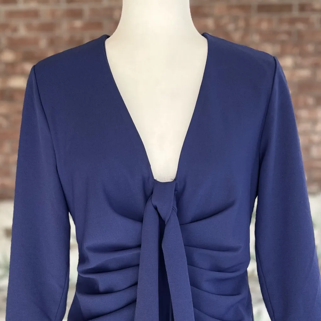 New York & Company Dress Ruched M Periwinkle Blue Purple Mini Knit V - Image 3