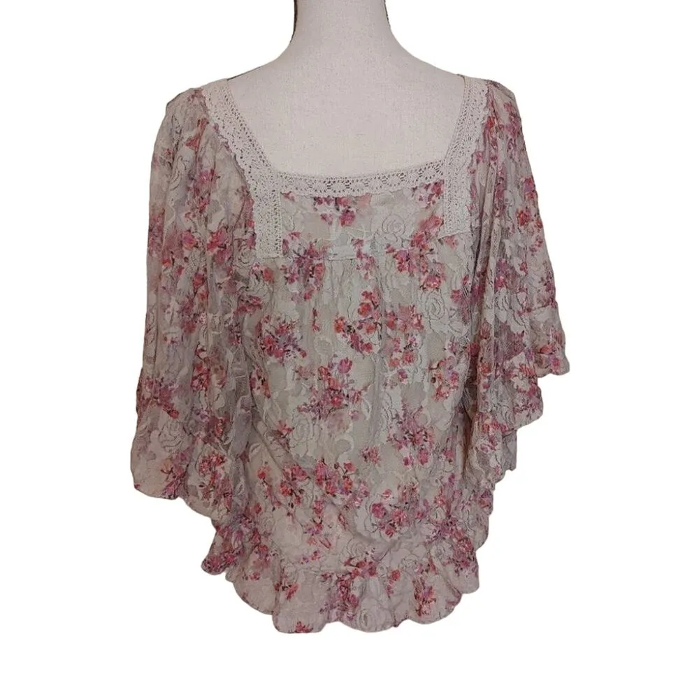 NY Collection Floral Boho Blouse Size Medium M Lace Square Neckline Flowy - Image 9