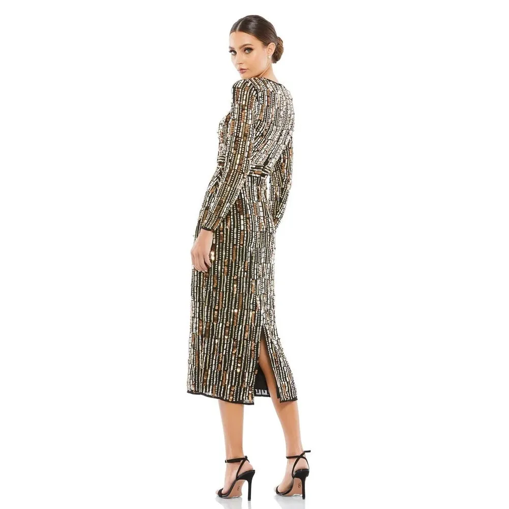 Mac Duggal 93590 Black Gold Embellished High Neck Long Sleeve Fitted Dress - Image 2