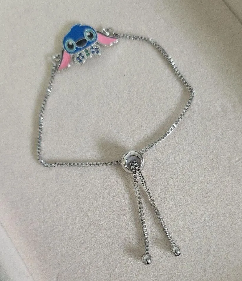 Silver Stainless Steel Bolo Adjustable Pull Bracelet with Stitch Charm Blue - Image 2