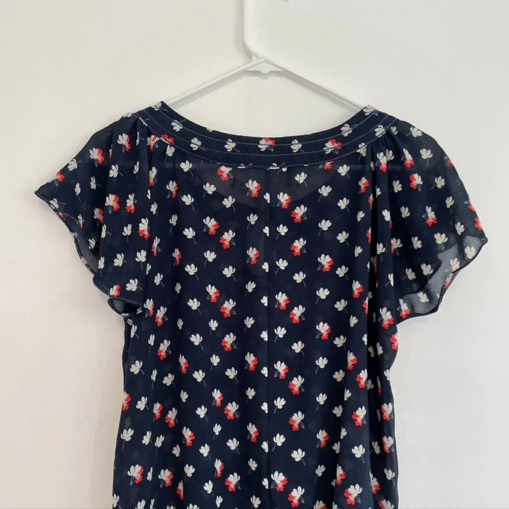 MAX STUDIO Bubble Hem Blouse Navy Blue White Coral Red Floral Short Sleeve Boho - Image 12