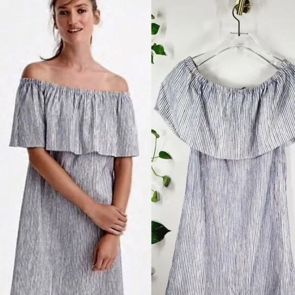 J.Crew Womens Chambray Off the Shoulder Pinstriped Mini Dress Size Small So Cute - Image 2