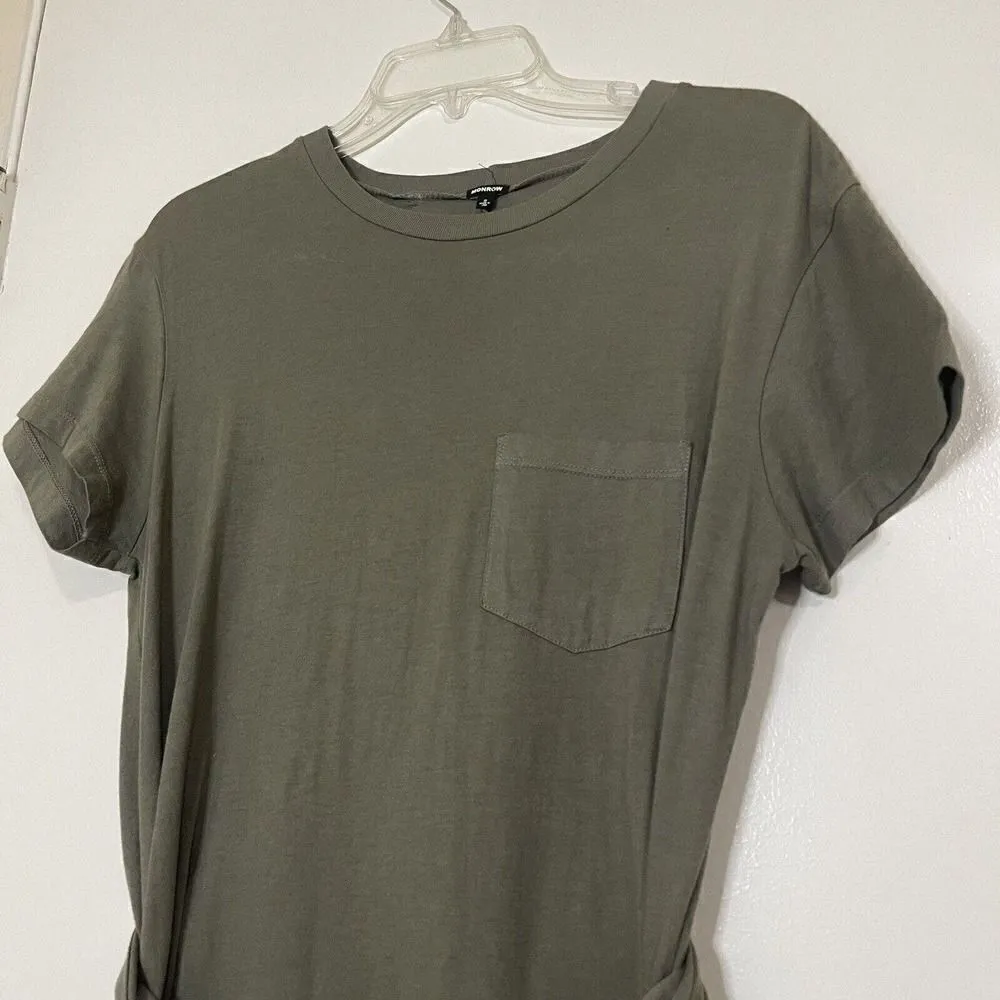 MONROW Short sleeve cotton tshirt army green dress tie waist Small - Image 2