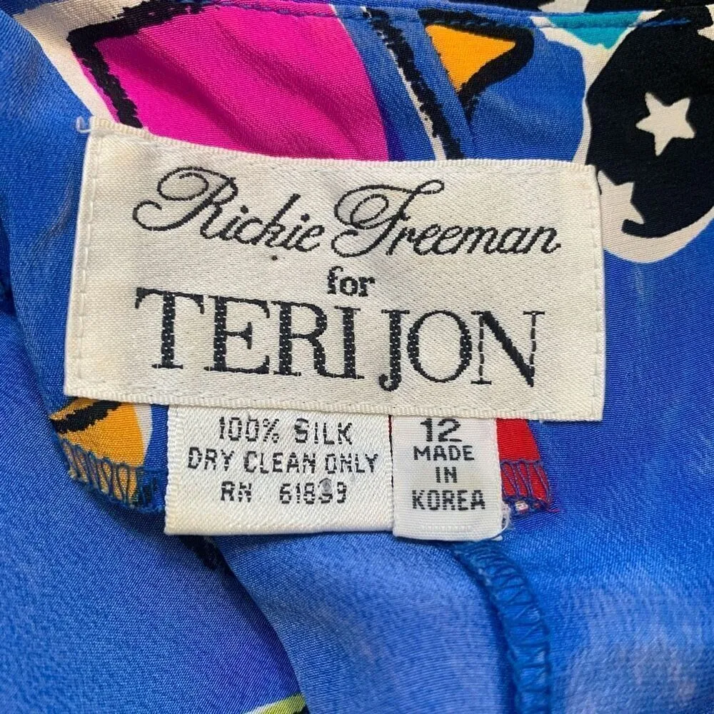 Vintage Rickie Freeman Dress Blue Black Pop Art Star Print Pleated Silk Midi Size 12 - Image 10