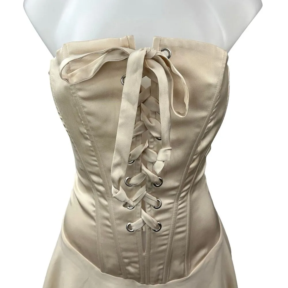 Tic Toc Cream Gold Strapless Lace Up Party Night Club Corset Mini A-line Dress M - Image 4