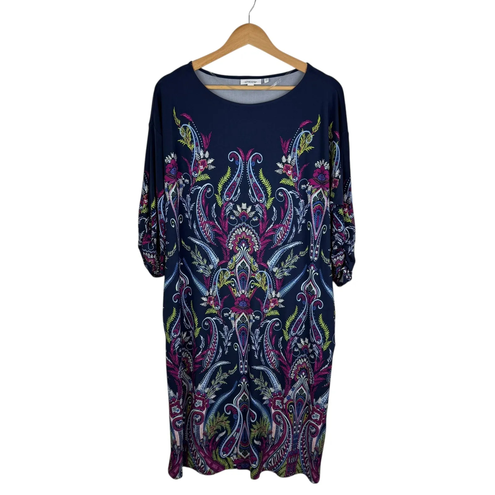 Chicos Ruched Sleeve Midi Dress Size 2 Large Multi Paisley Floral Stretch Office - Image 2