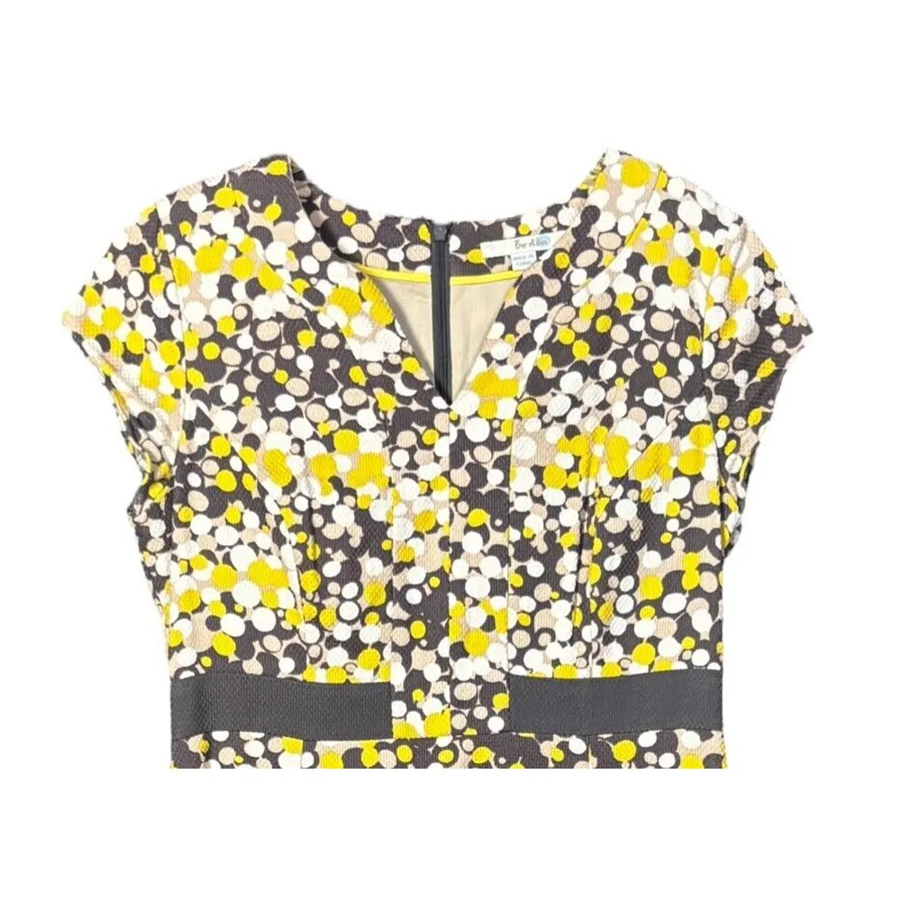 Boden Sheath Dress Size 8 Gray Yellow Lined Midi Polka Dot Short Sleeve Artsy - Image 2