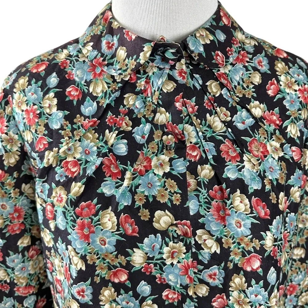 Vintage 70s 80s Prairie Peter Pan Collar Floral Button Down Shirt Size Medium Blue - Image 7