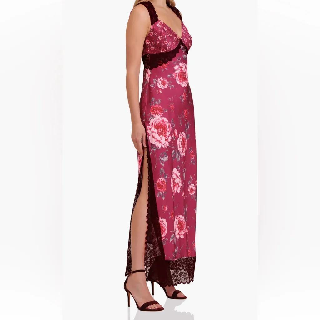 Avec Les Filles Bias Cut Lace Trim Slipdress in burgundy with red peonies - Image 8