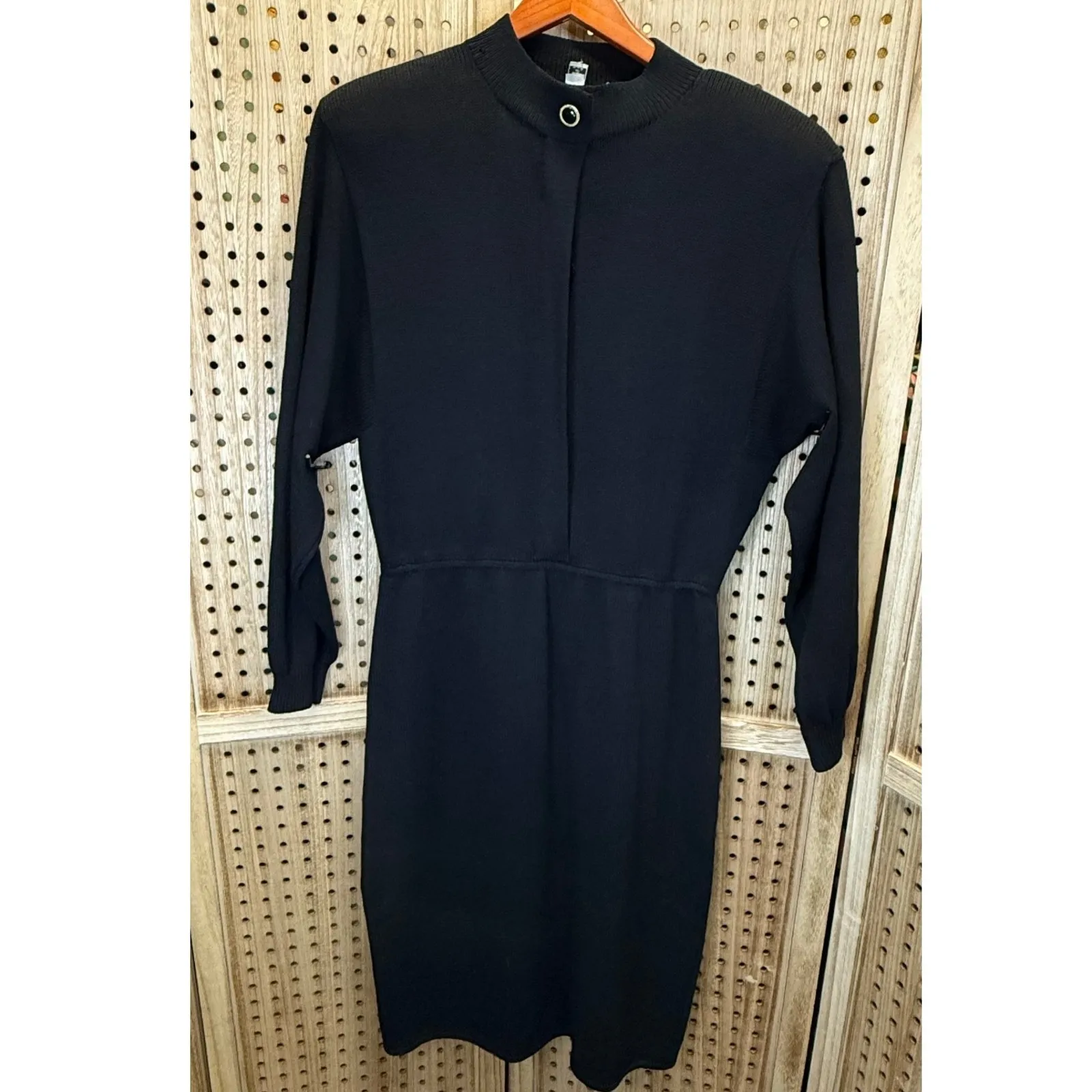 Vintage St Johns Saks Black‎ Knit Dress Long Sleeve Mock Neck Fitted Cocktail - Image 2