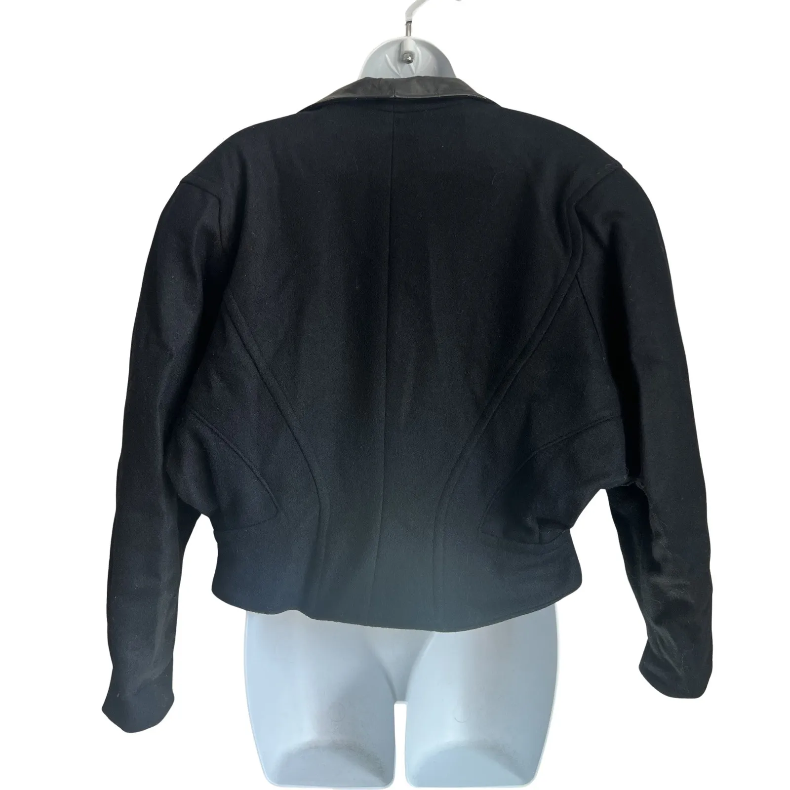 Vintage 80s Black Wool Short Coat Leather Trim Jacket size M Jonathan Stevens Size M - Image 6