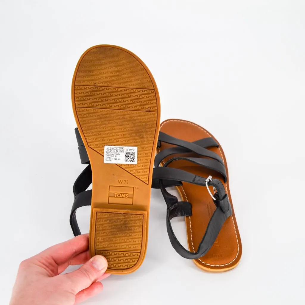 Toms Sicily Flat Sandals Black Leather 7.5 Comfort Strappy Buckle Criss Cross - Image 7