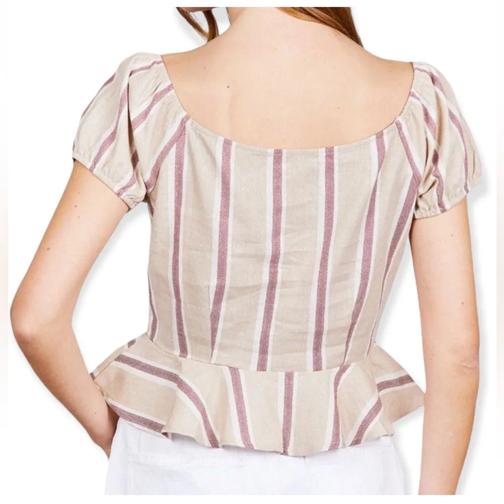 Active USA Button Down Ruffle Hem Striped Linen Blend Babydoll Top NWT - Image 3