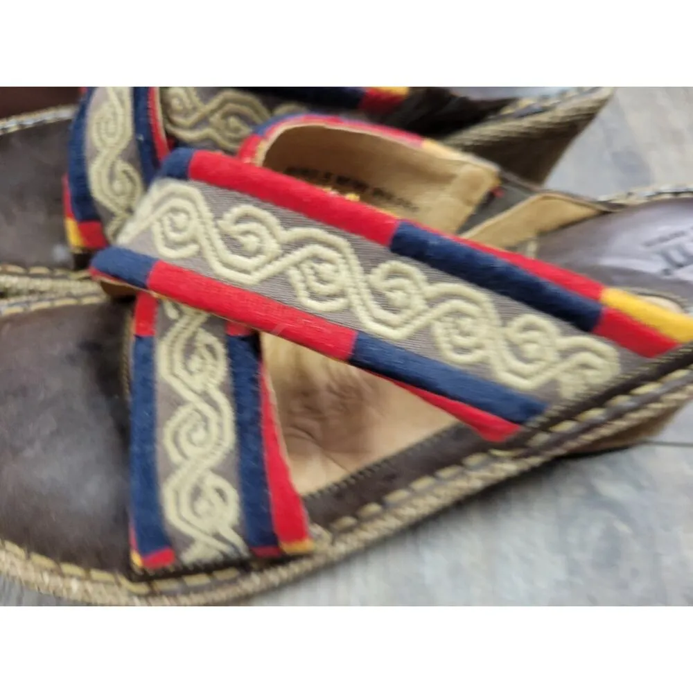 Born Wedge Sandals Maltia Brown Size 9 Leather Upper 3" Heel Red Blue Shoes - Image 2