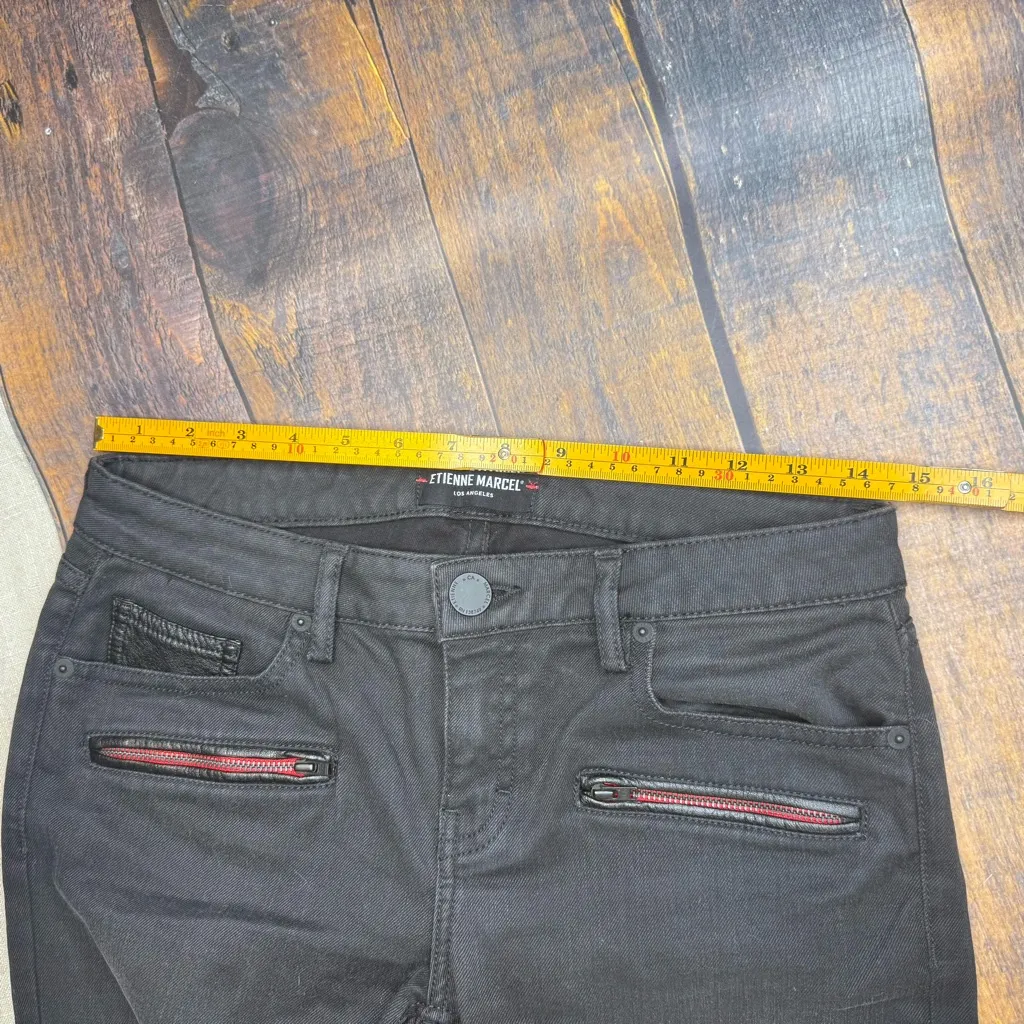 ETIENNE MARCEL Women's 28 Black Coated Moto Skinny Jeans Red Zip Faux Leather - Image 9
