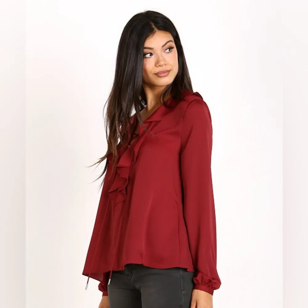 L’Academie The Ruffle Boho Blouse Crimson Lace up Tie Front Satin Burgundy - Image 6