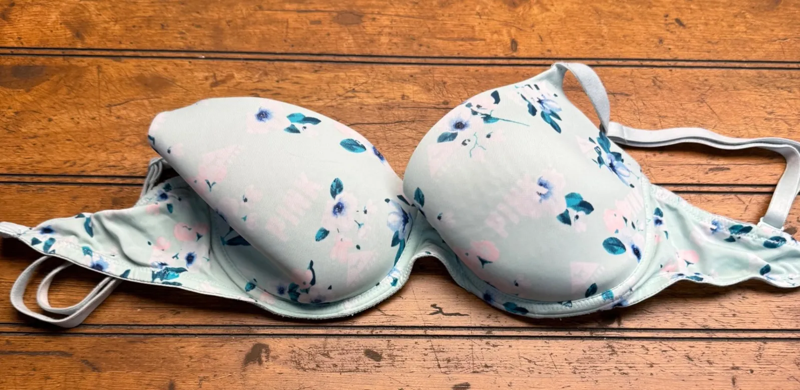 PINK by Victoria's Secret Light Blue Floral Print Push Up Bra Size 32DD Green - Image 1
