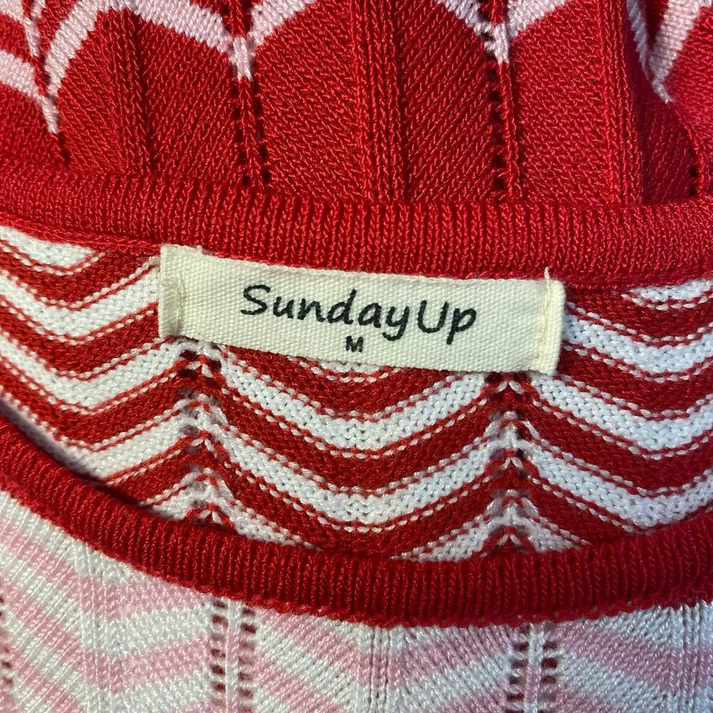 SundayUp Pink Pleated Stripped Knit Short Sleeve Midi Dress Size M Preppy Casual Size M - Image 2