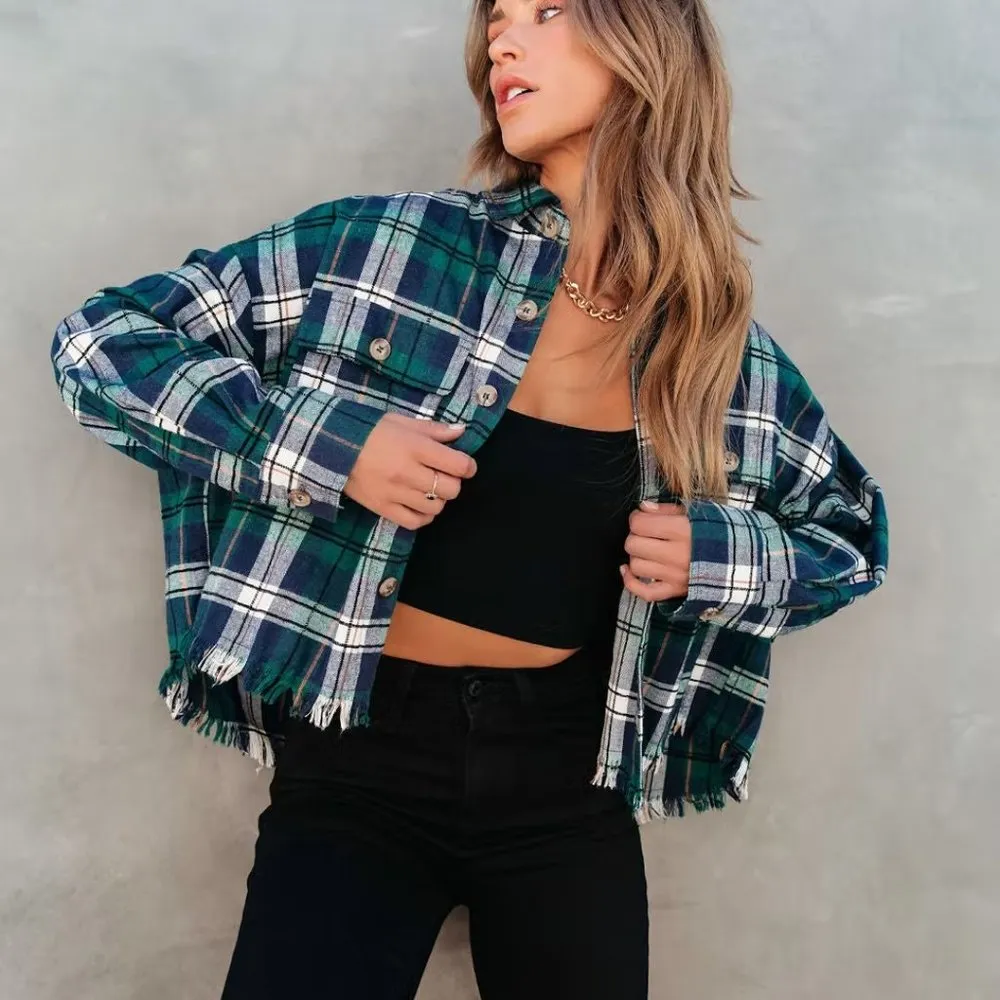 NEW -SPORADICALLY COOL PLAID FRAYED BUTTON DOWN TOP - Image 7