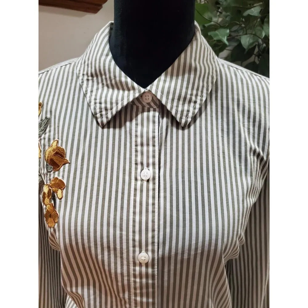 Denim & Co. White Green Striped Embroidered Flower Long Sleeve Shirt Size M - Image 2