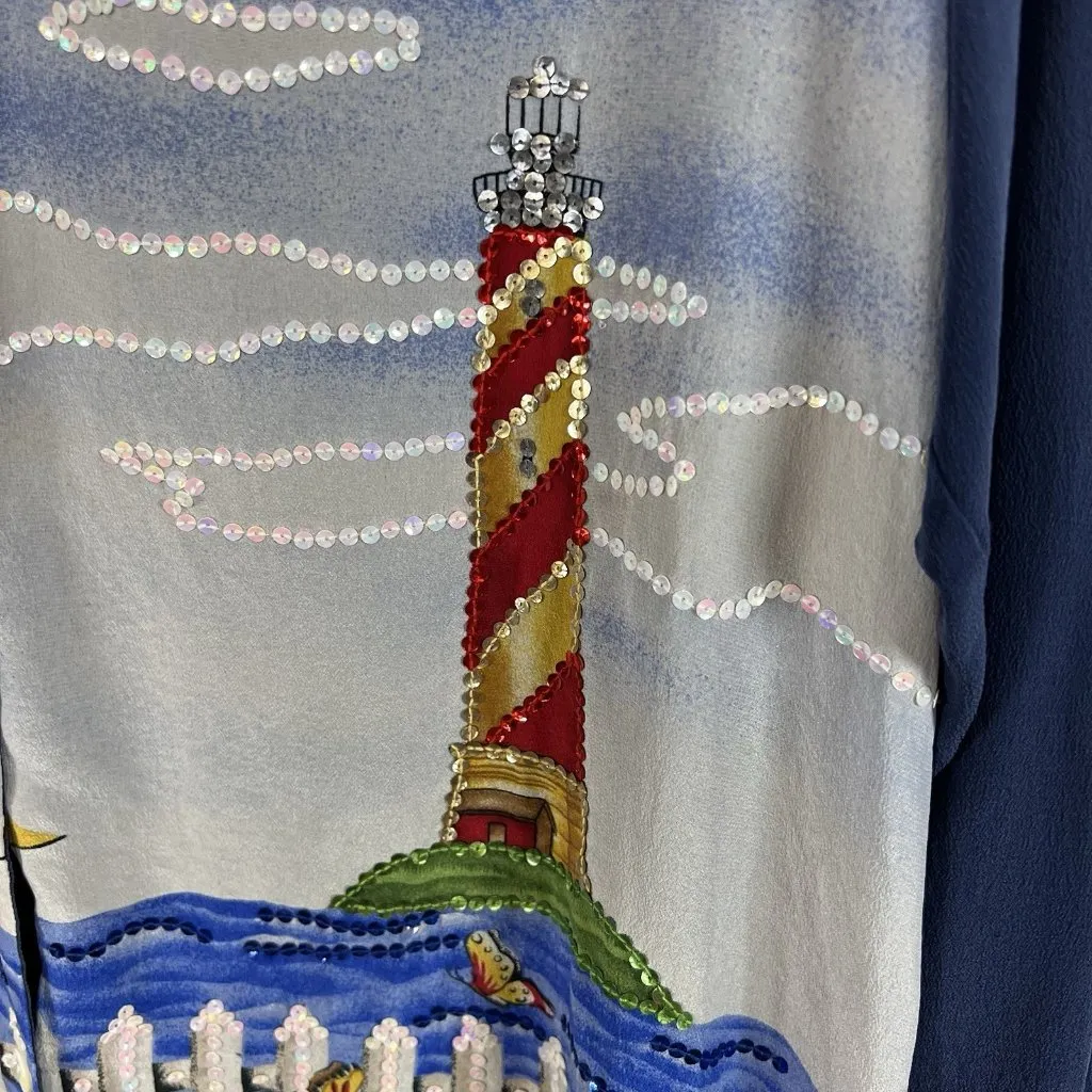 Quacker Factory Womens 100% Silk Button Up Top Size‎ Large Nautical Sequin Art - Image 4