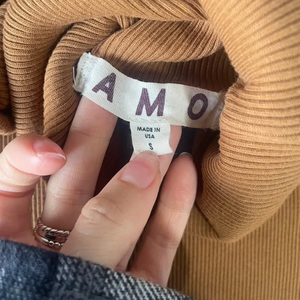 AMO Ribbed Turtleneck Puff Sleeve Knit Top Brown Made in USA Size S - Image 3