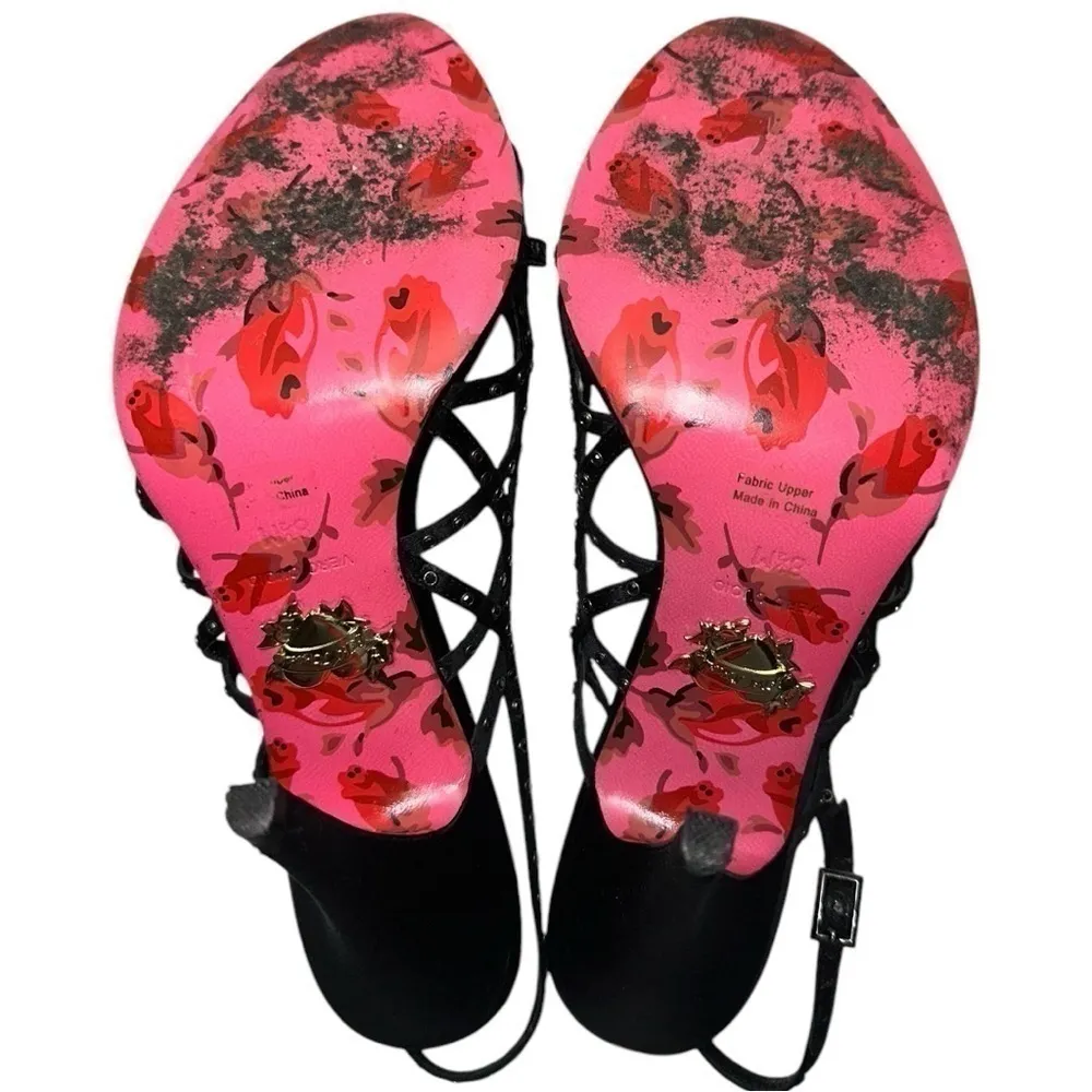 Betsey Johnson Size 8.5 Black Satin Crystal Rhinestone Embellished Strappy Heels - Image 9