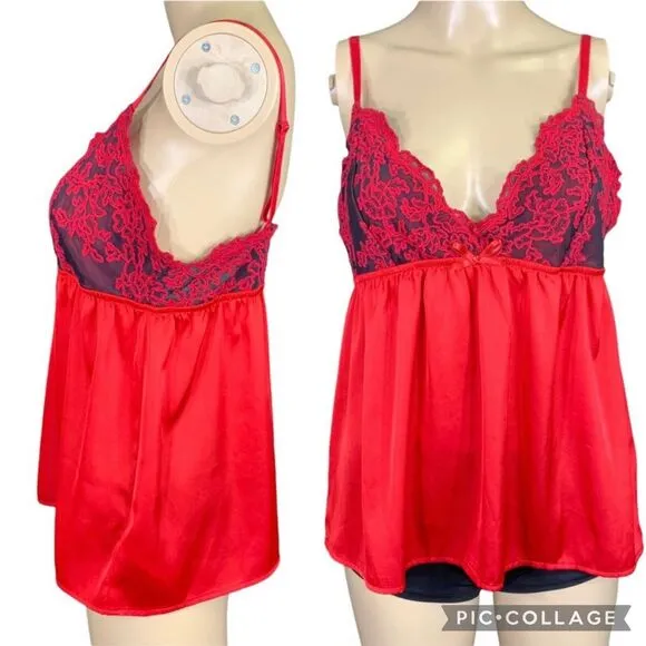 Tahari Sleepwear Womens Lingerie Top Pajama Sleepwear Satin Lace Babydoll Red - Image 2