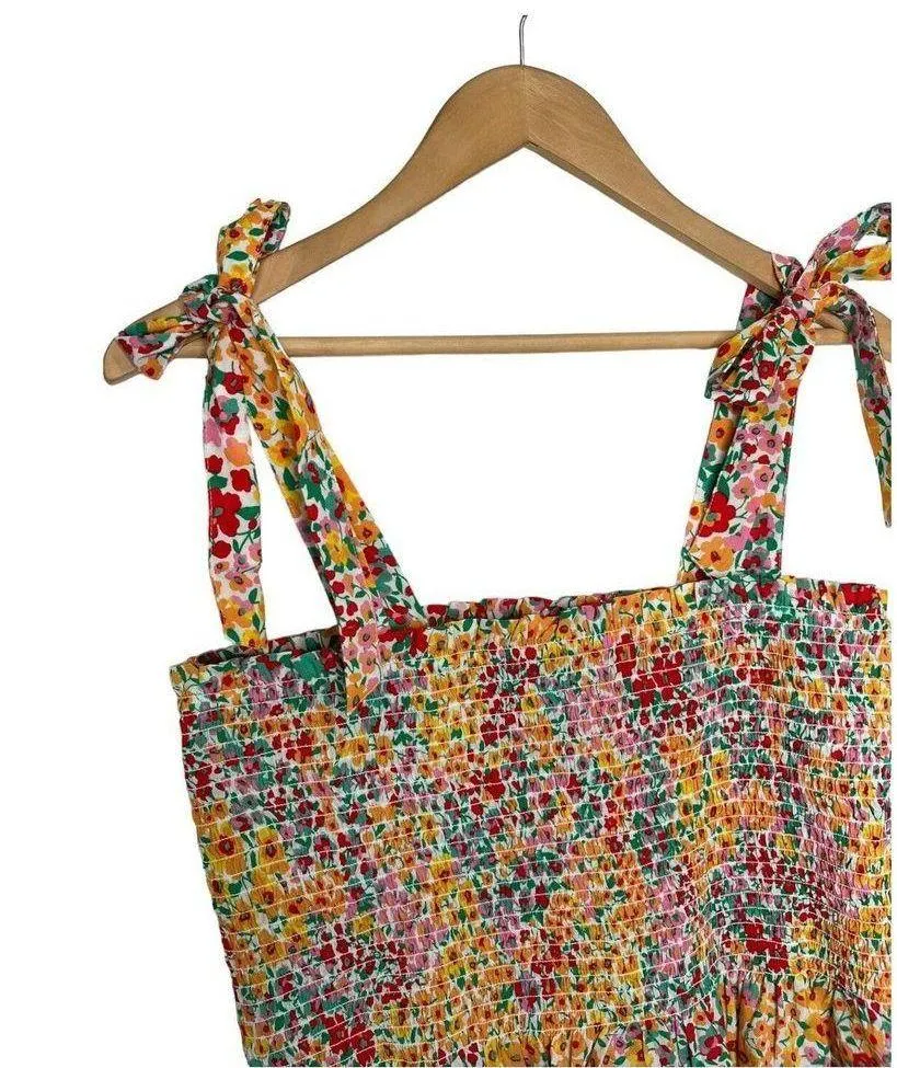 New J Crew Top Womens M Smocked Ditsy Floral Tie Shoulder Straps Tank Multi - Image 13