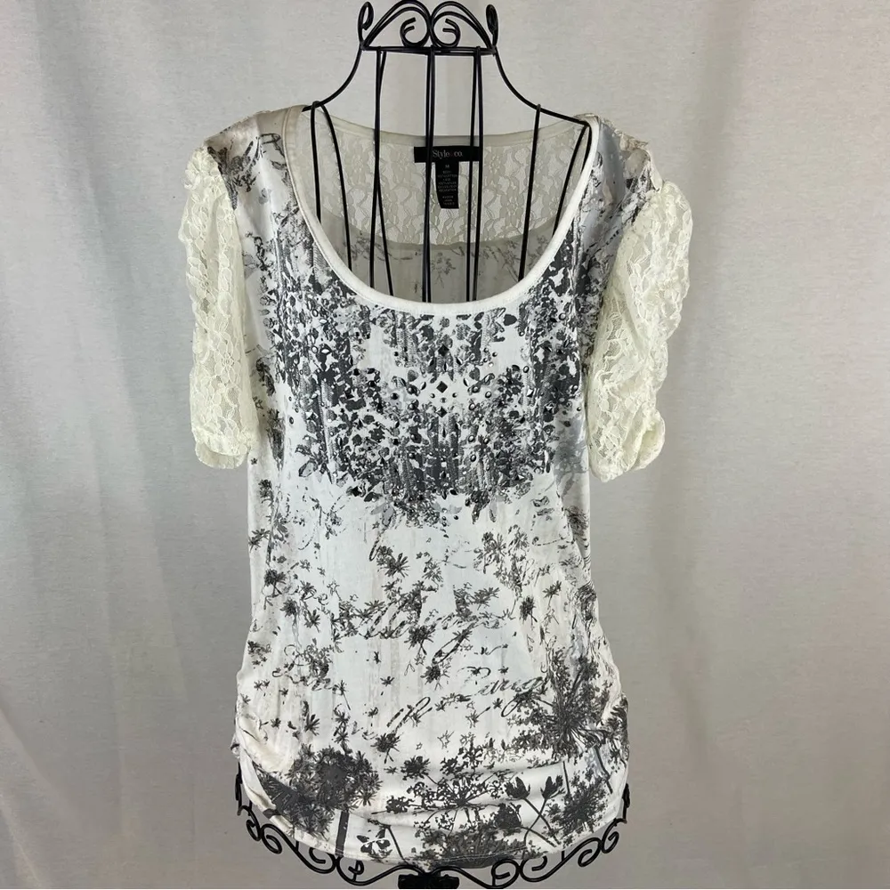 Style & Co Cream and Black Dandelion Wishes Top with Lace Sleeves Size Medium - Image 37