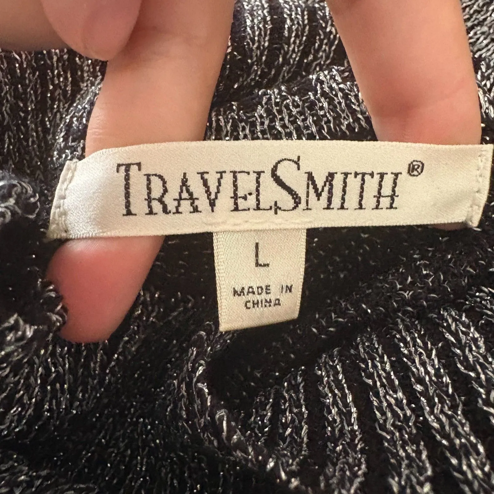 TravelSmith Metallic Knit Turtleneck Sweater Silver Black Evening Size Large - Image 6