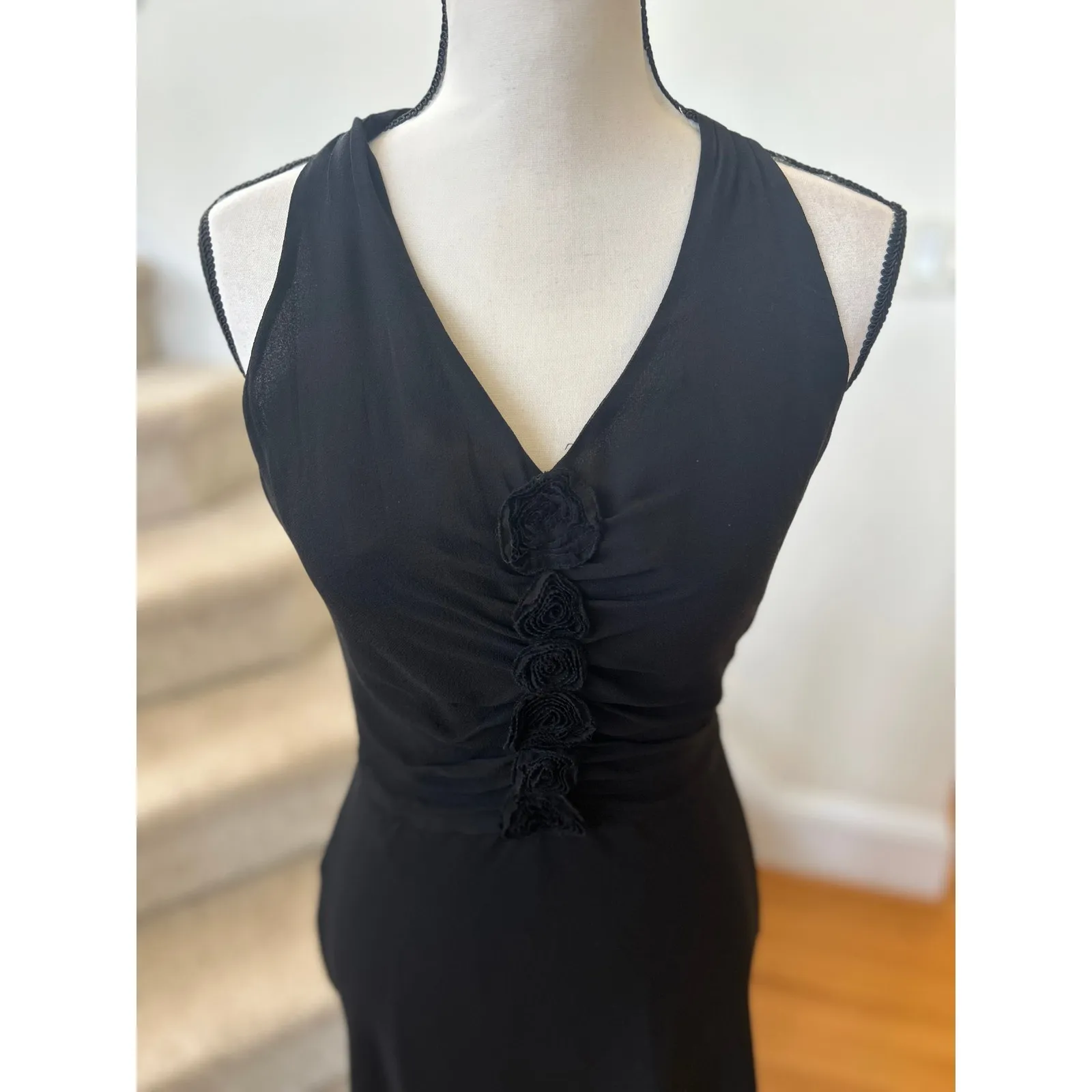 NWT Ann Taylor Y2K Whimsygoth Black Silk Halter Rosette Sheath Dress - Image 2