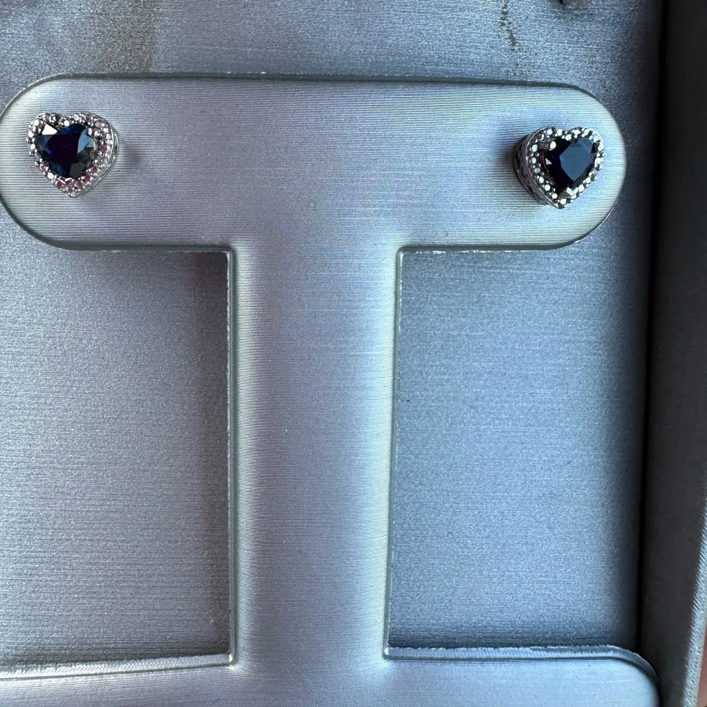 Sterling Silver Heart Lab Sapphire & Diamond Accent Stud Earrings Blue - Image 2
