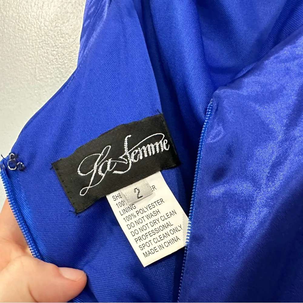 LA FEMME Royal Blue Satin Column Maxi Dress Criss Cross Back Prom 2 Style 29858 - Image 7
