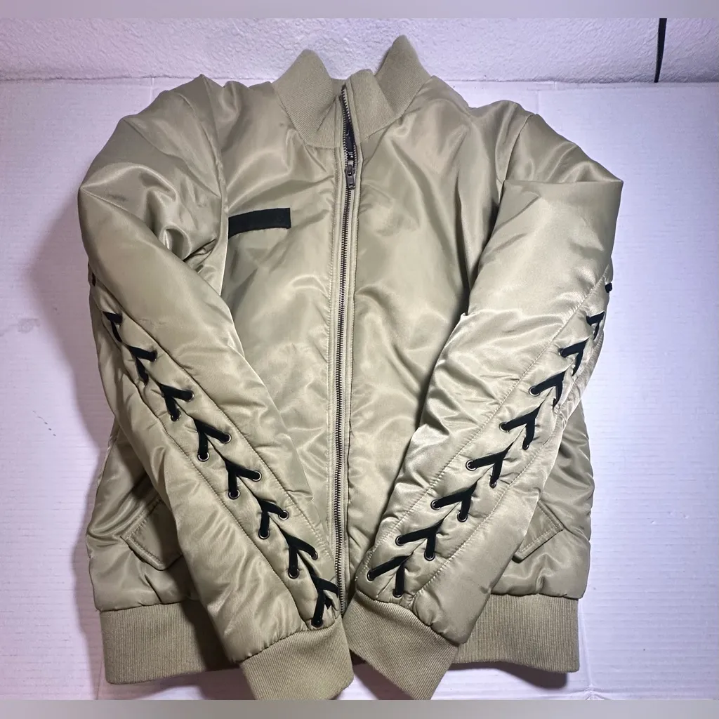 GUESS Luke Lace‎ Up Sporty Bomber Jacket Women’s Size M Olive Green Black Laces - Image 7