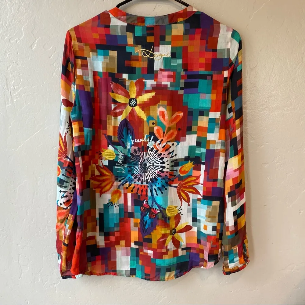 Desigual Colorful Pixelated Floral Print Camilia Rep Begona Long Sleeve Blouse - Image 8