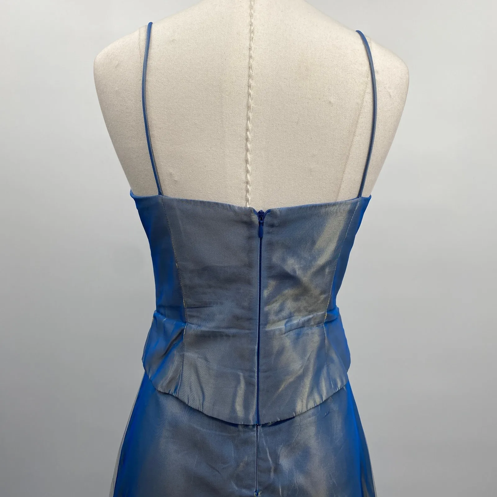 Vintage Y2k Iridescent Fairy Princess Gown Beaded Neckline Maxi Blue Gray XS - Image 12