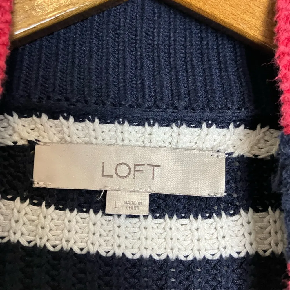 LOFT Navy Blue, White, Red Striped Nautical Chunky Sweater - Image 3