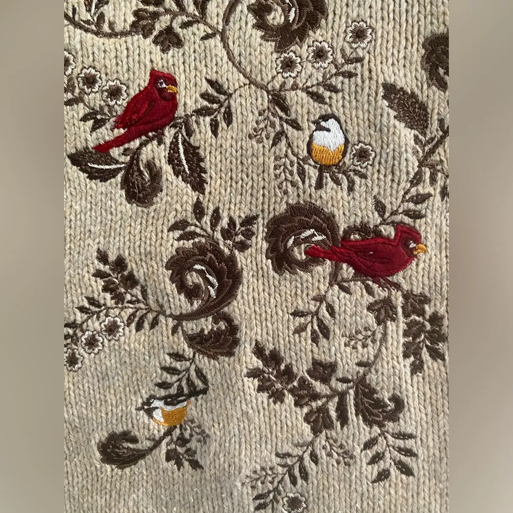 Croft & Barrow Womens Embroidered Bird & Floral Zip Cardigan Sweater L Tan - Image 10