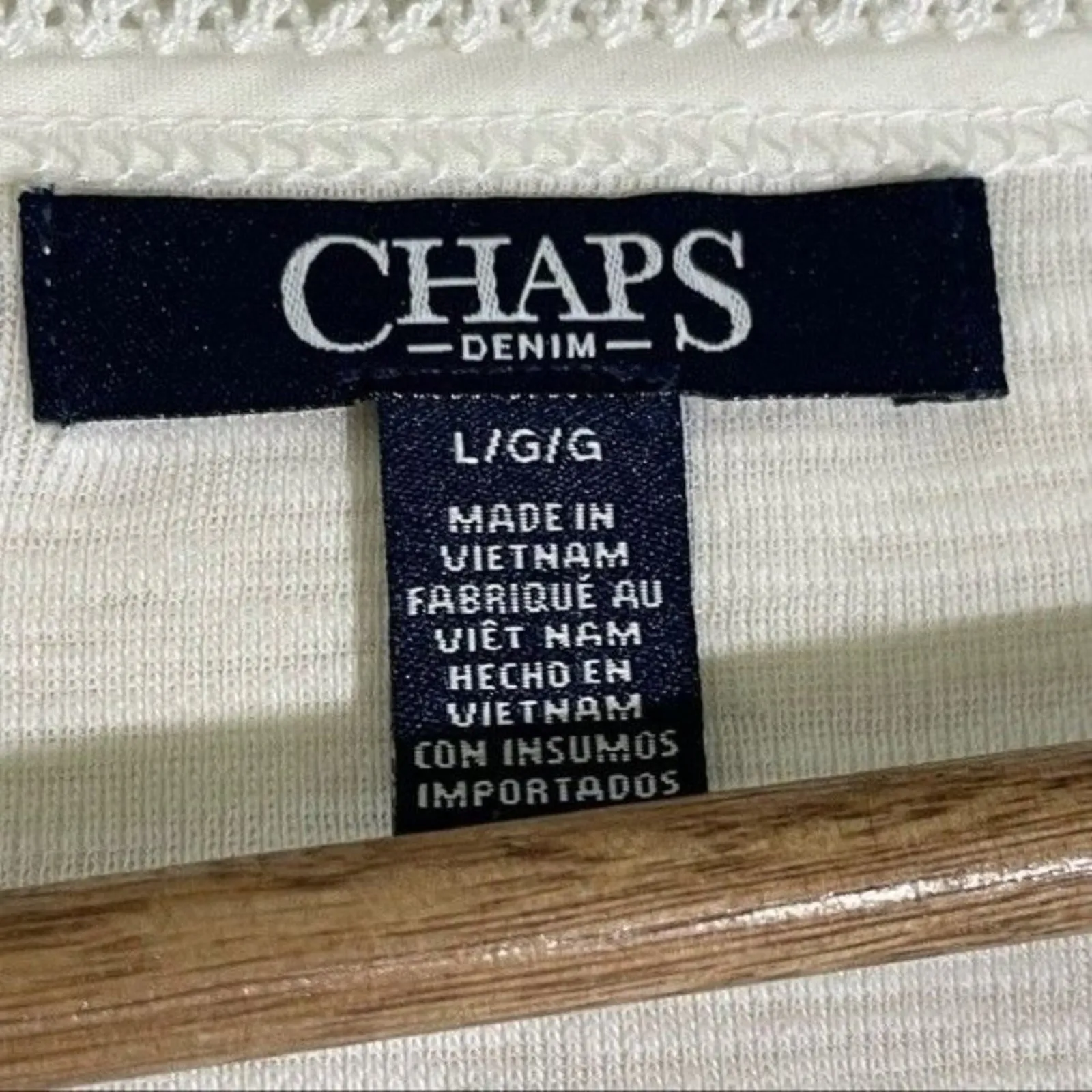 Chaps Denim Shirt 3/4 Sheer Lace Sleeve Button V-Neckline Off White Large - Image 7