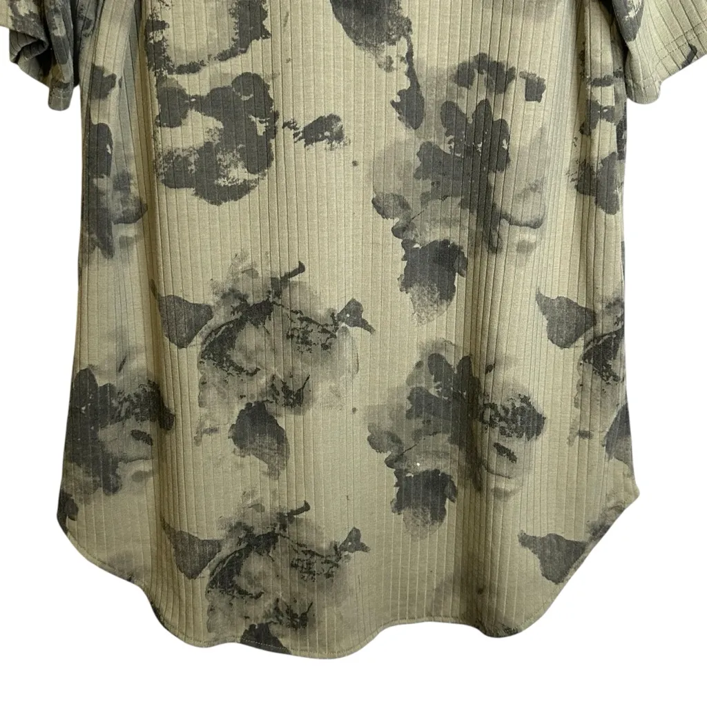 Yak & Yeti Olive Green Ribbed High Low Abstract Floral‎ Print Top Tassel Tie XL Size L - Image 7