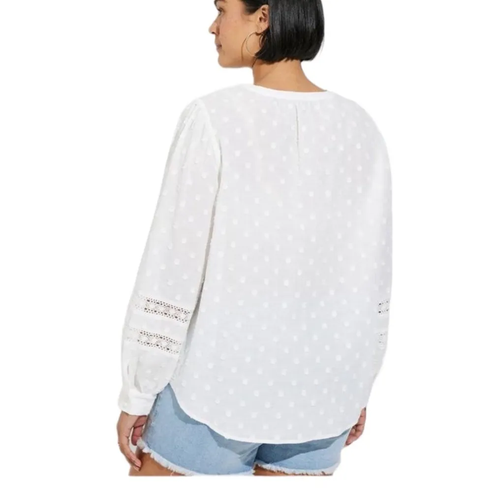 Cotton Clip Dot Lace Trim Long Sleeve Top - Image 2