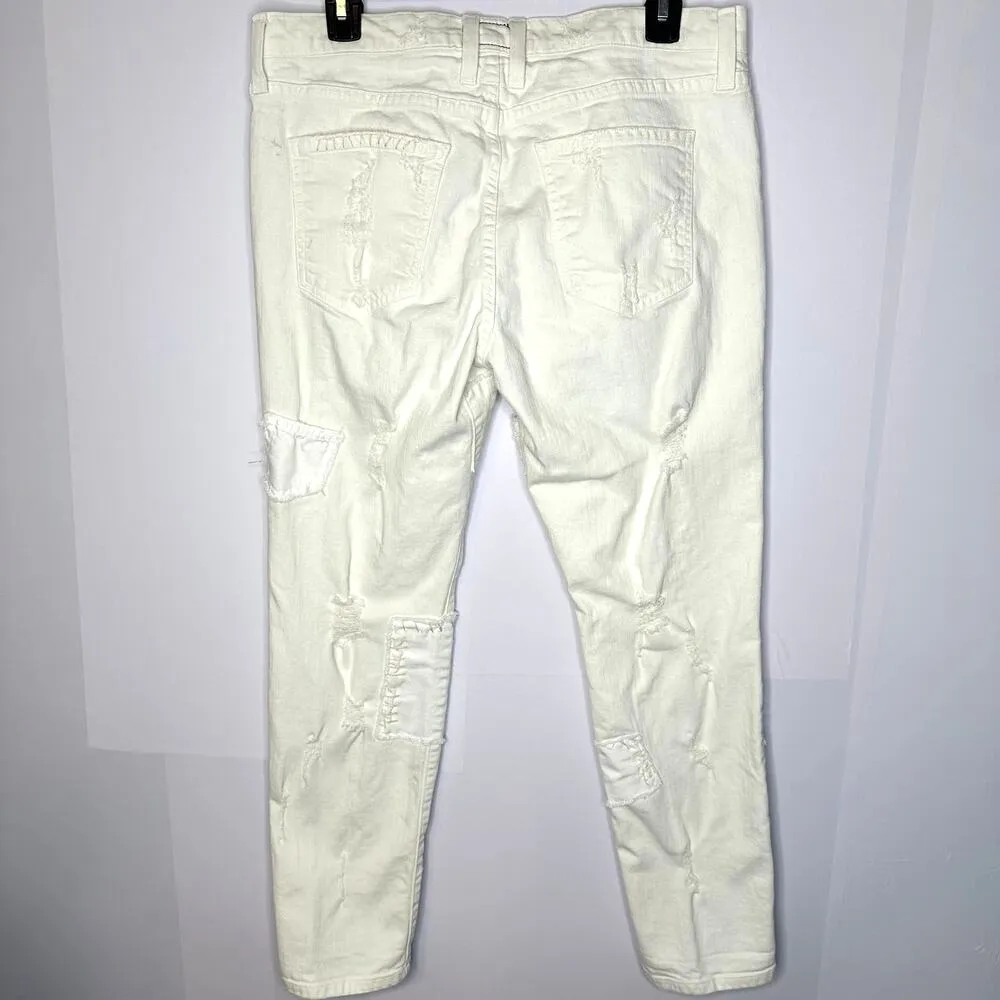 Current/Elliott The Fling White Moto Distressed Slim Boyfriend Patch Jeans 28 - Image 7