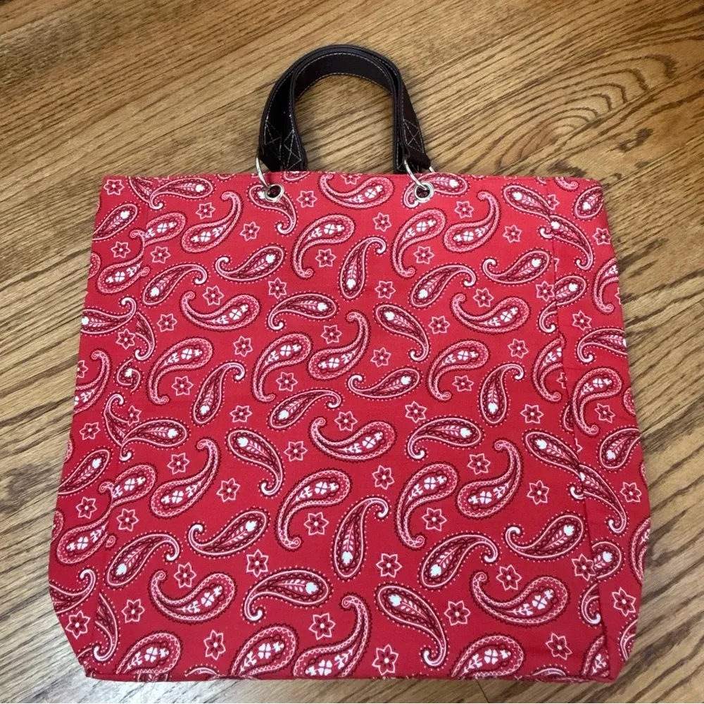 Neiman Marcus Red Paisley Bandanna Print Farmhouse Country Tote Bag - Image 2