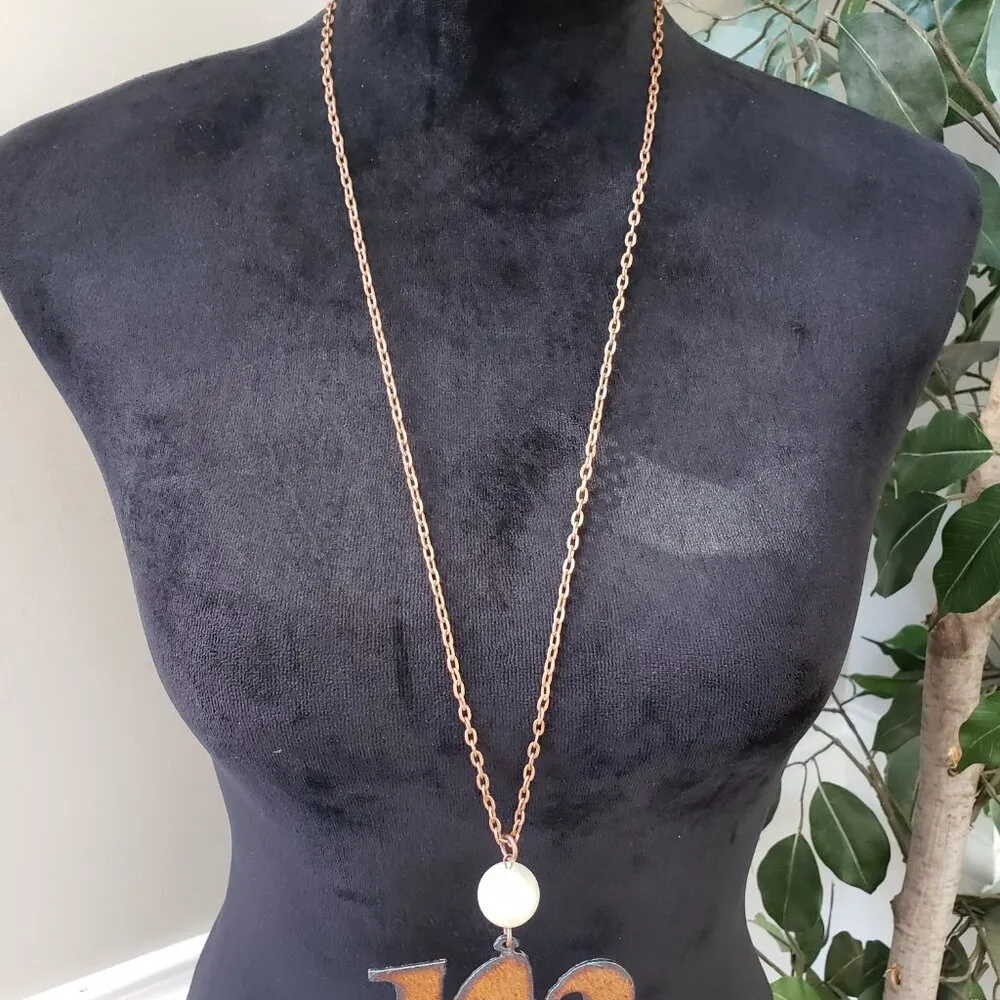 Womens Gold Tone Faus Pearl M Letter Long Pendant Necklace with Lobster Clasp - Image 3